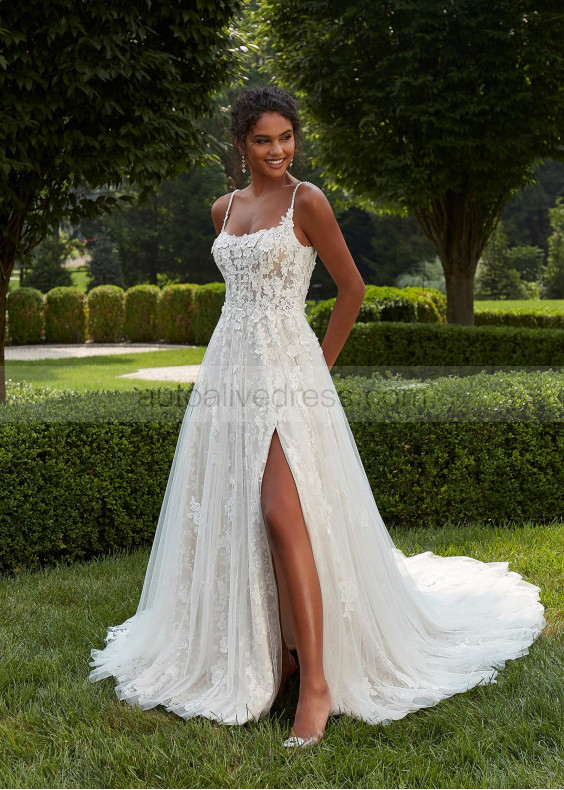 Beaded Spaghetti Straps Ivory 3D Lace Tulle Slit Chic Wedding Dress